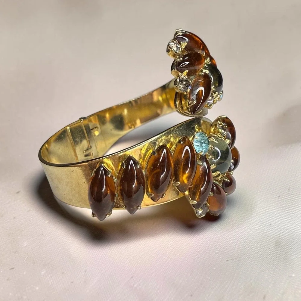 Vintage Alice Caviness Gold Tone Bypass Clamper Bracelet Marquise Rhinestones